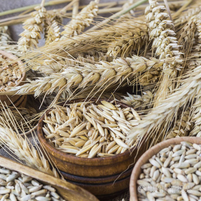 小麦小穗,小麦粒和燕麦特写