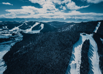 美丽的空中无人机全景山地景观在寒冷的冬天。 喀尔巴阡山上覆盖着雪的冰冻树木。 自然景观景观。 欧洲积极旅游的旅游目的地