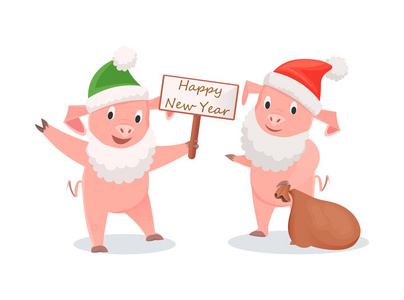 圣诞老人服装的新年猪与礼品袋