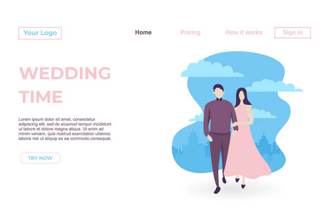 登陆页面模板与约会应用程序插图概念。 现代平面设计理念婚礼时间网页设计网站和移动网站。矢量插图