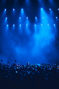 大量的歌迷在音乐厅的音乐会上拍照。在夜总会的摇滚节上，蓝色的舞台灯光。一群人在俱乐部的聚会上拍摄视频，智能手机摄像机。