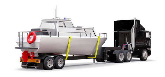 一辆黑色大卡车的三维插图，带有一辆拖车，用于在灰色背景下运输一艘船。 3D渲染