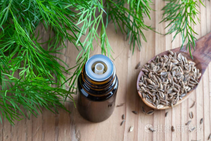 一瓶茴香籽油和一片叶子
