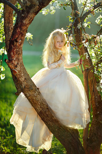 日落时分，小女孩穿着白色连衣裙站在苹果树上微笑