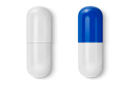 矢量3d 现实白色和蓝色的医疗药丸图标设置特写镜头隔离在白色背景。设计模板的药丸, 胶囊的图形, 模型。医疗和保健概念。顶视图