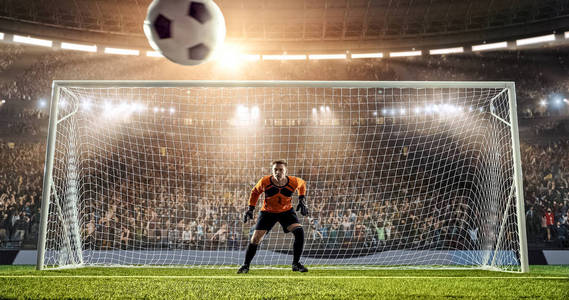 守门员试图从一个进球中救出一个职业足球体育场。 体育场和人群是用3D制作的。