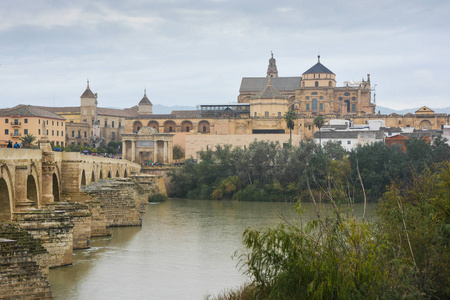 罗马桥在瓜达尔奎维尔和梅斯奎特在科。 西班牙安达鲁西亚风景的秋季景观。