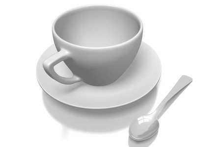 三维咖啡杯和一个勺子隔离在白色背景上。