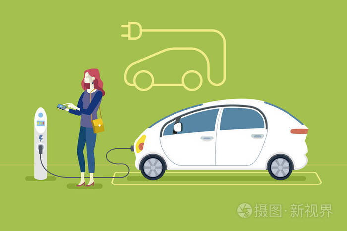 在充电站给电动车充电的女人. 平面矢量插图.