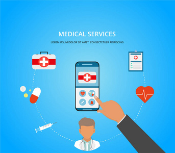 移动医学mheal th在线医生。 带有医疗应用程序的智能手机。 医疗咨询概念。 医疗移动服务理念。 矢量平面插图。