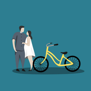 情侣爱上可爱的卡通和自行车角色矢量插图