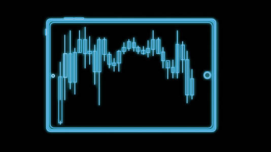一个美丽的抽象霓虹灯明亮发光的图标, 一个招牌从一个现代智能平板电脑与金融业务图表, 烛台和复制空间的黑色背景。向量