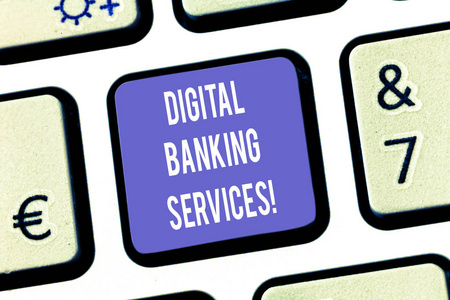 显示数字银行服务的文字符号。所有过时的银行活动的概念照片数字化键盘键意图创建计算机消息按键盘的想法