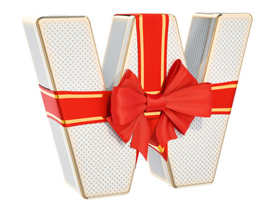 字母g礼品盒形状为字母g与红色丝带弓。 在白色背景上隔离的3D渲染