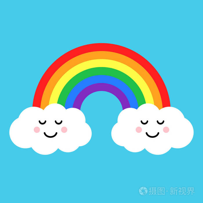 蓝色背景上的彩虹和云. 矢量插图