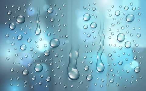 窗外雨滴雨滴或凝结在窗外模糊的背景上,真实透明照片