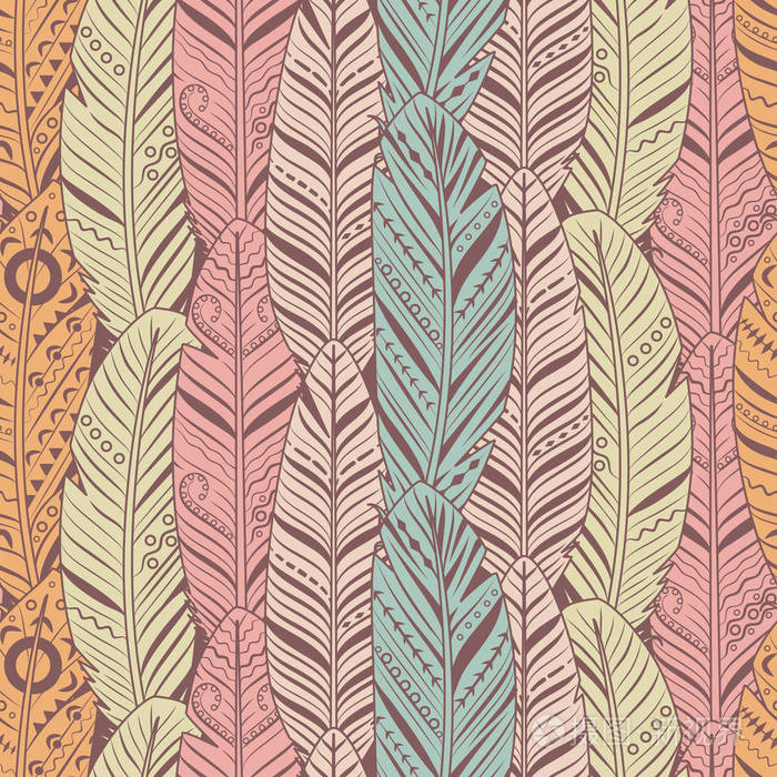 手绘羽毛无缝图案.纺织, 印花, 壁纸的复古纹理