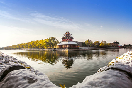 在北京的一个晴朗的日子里，故宫博物馆也被称为雪中紫禁城，中国，2015年11月23日