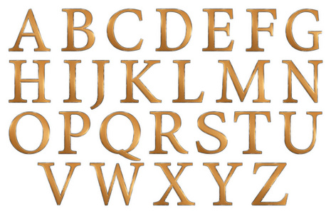 一组英文字母，大写，金银纹理，孤立在白色背景3D插图。