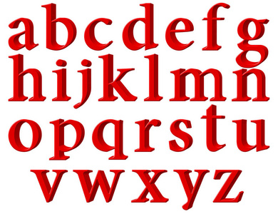 一组英文字母在小写红色挤压透视右边孤立在白色背景3D插图。