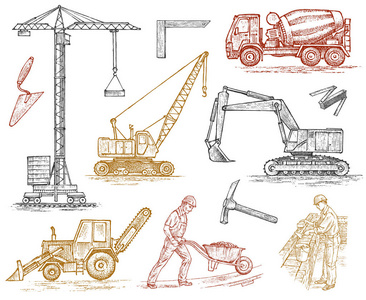 工程车。用于建造建筑物的重型设备。农机。起重机和农业发动机, 拖拉机和挖掘机, 混凝土卡车的农场和土方作业。手绘