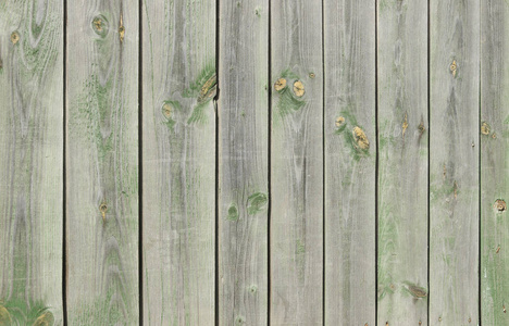 用剥落的绿色油漆封闭一个旧的灰色木栅栏