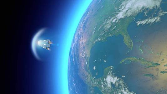 太空船，载人飞船轨道舱。环绕地球的轨道。卫星观测地球。大气，摩擦..这幅图像的元素由美国宇航局提供。3D渲染