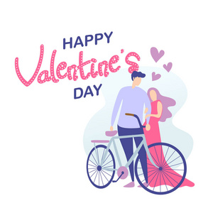 s day card with cute couple and traditional bicycle vector illus