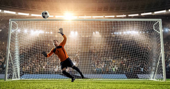 守门员试图从一个进球中拯救一个职业足球体育场。体育场和人群是用3D制作的。