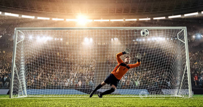 守门员试图从一个进球中拯救一个职业足球体育场体育场和人群是用3d