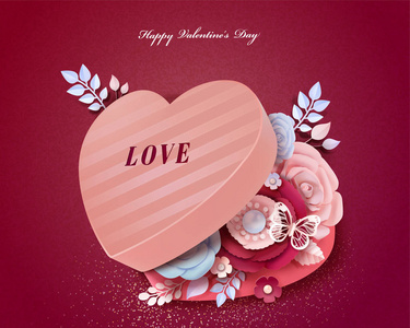 s Day heart shaped gift box with paper flowers decorations in 3d