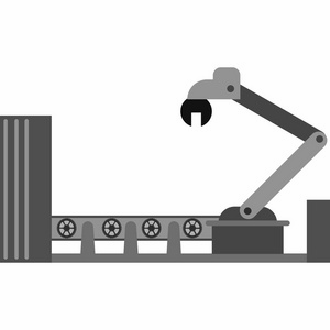 着白袍戴着帽子的人在检查生产线社交媒体的心就像一条生产线上的图标