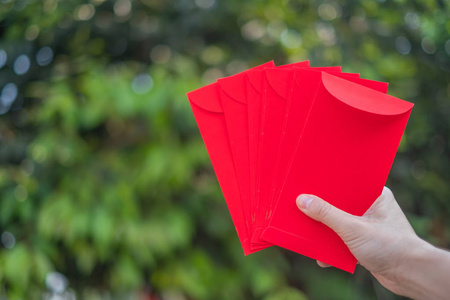 新年快乐,手拿红包或叫安宝孤立在绿树背景上.照片