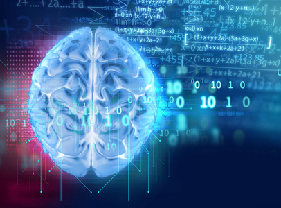 人脑在技术背景上的三维渲染代表人工智能和网络空间连接