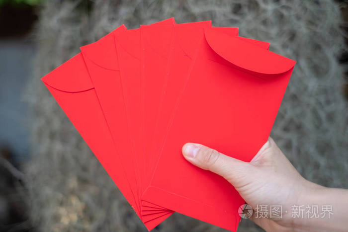 新年快乐的中国手拿着红包或叫安宝孤立在绿树背景上