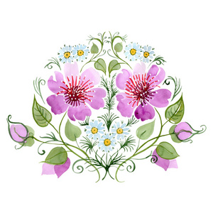 粉红色的花束花卉植物花。水彩背景插图集。被隔绝的装饰例证元素