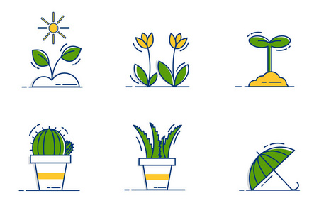 园艺图标设置花园花卉和春天图标设置轮廓填充风格