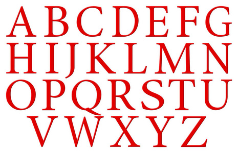一组英文字母表字母，大写红色，在白色背景3D插图上隔离