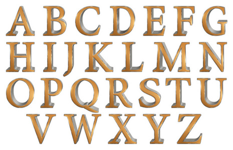 一组英文字母表字母,大写金和银质地挤压透视,右侧隔离在白色背景3d