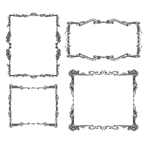 一套装饰复古框架。 由白色背景的手工矢量插图绘制的图形