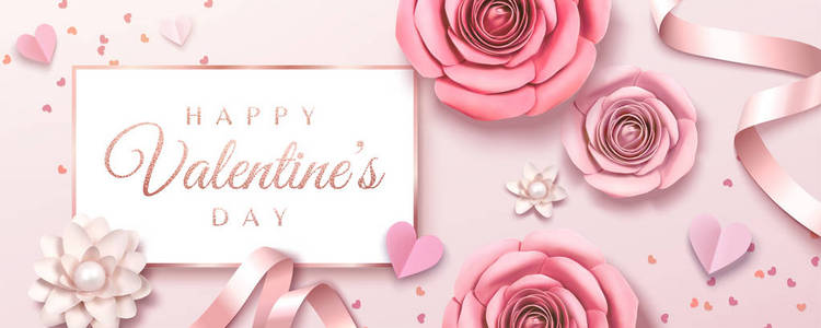 s Day banner design with floral roses and ribbon in 3d illustrat