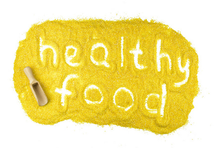 盘子从健康食品与单词隔离在白色背景。 手工书写。 俯视图平躺