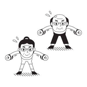 卡通高级男人和女人做哑铃弯腰侧举运动的设计。