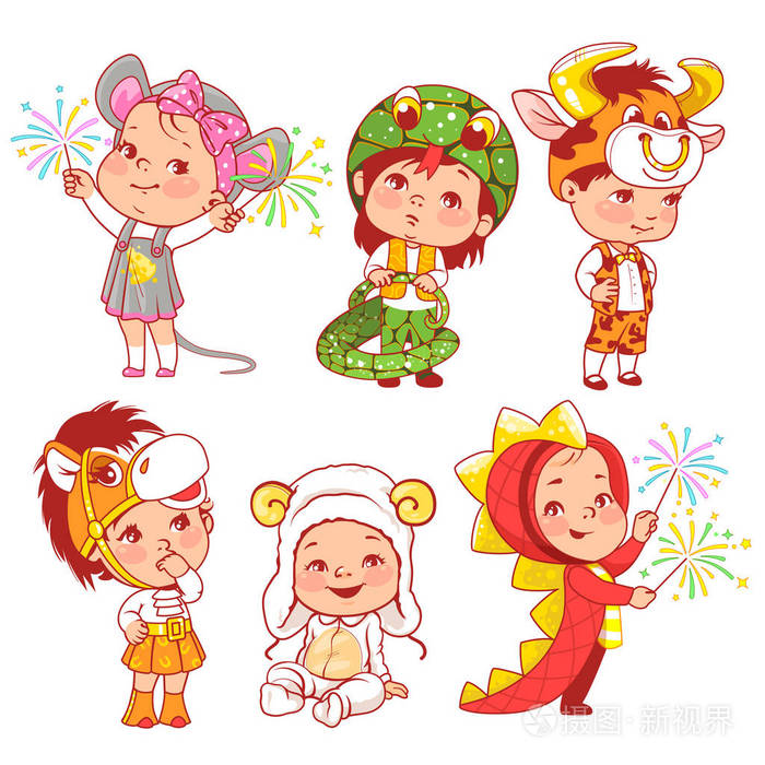 幼儿园化妆舞会. 学龄前儿童作为动物. 龙狐鼠蛇羊马面具.