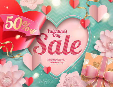 s day sale heart shaped and pink flowers decorations in 3d illus