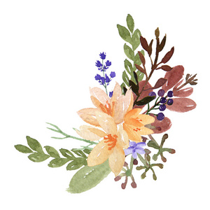 色彩鲜艳的花束，手工绘制的郁郁葱葱的花，光泽，复古风格的水花，孤立在白色的背景上。设计卡片装饰，保存日期，婚礼邀请卡，海报，横幅
