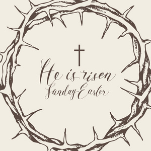 矢量复活节横幅，手写铭文，他上升星期日复活节带荆棘和十字架的皇冠