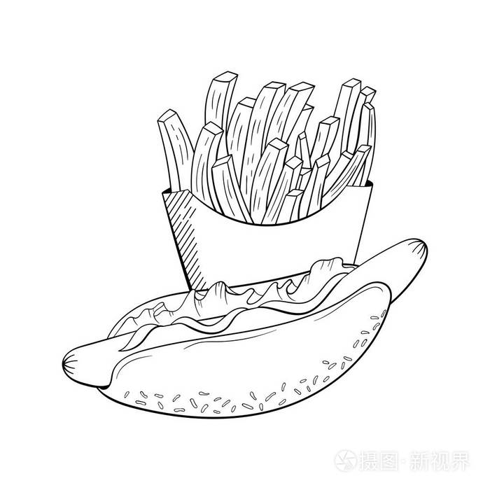 快餐背景薯条和热狗. 素描风格.