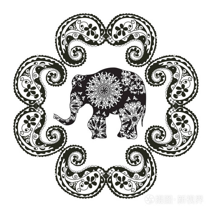 黑白大象矢量海报与印度部落图案和装饰框架隔离在白色背景上