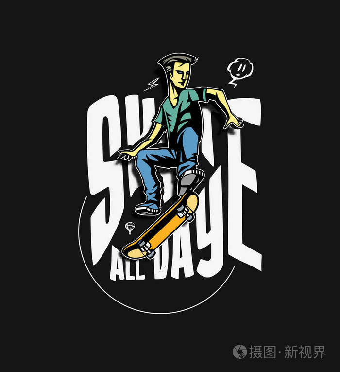 t恤设计酷希普斯特滑板与滑板剥离贴纸矢量插图.